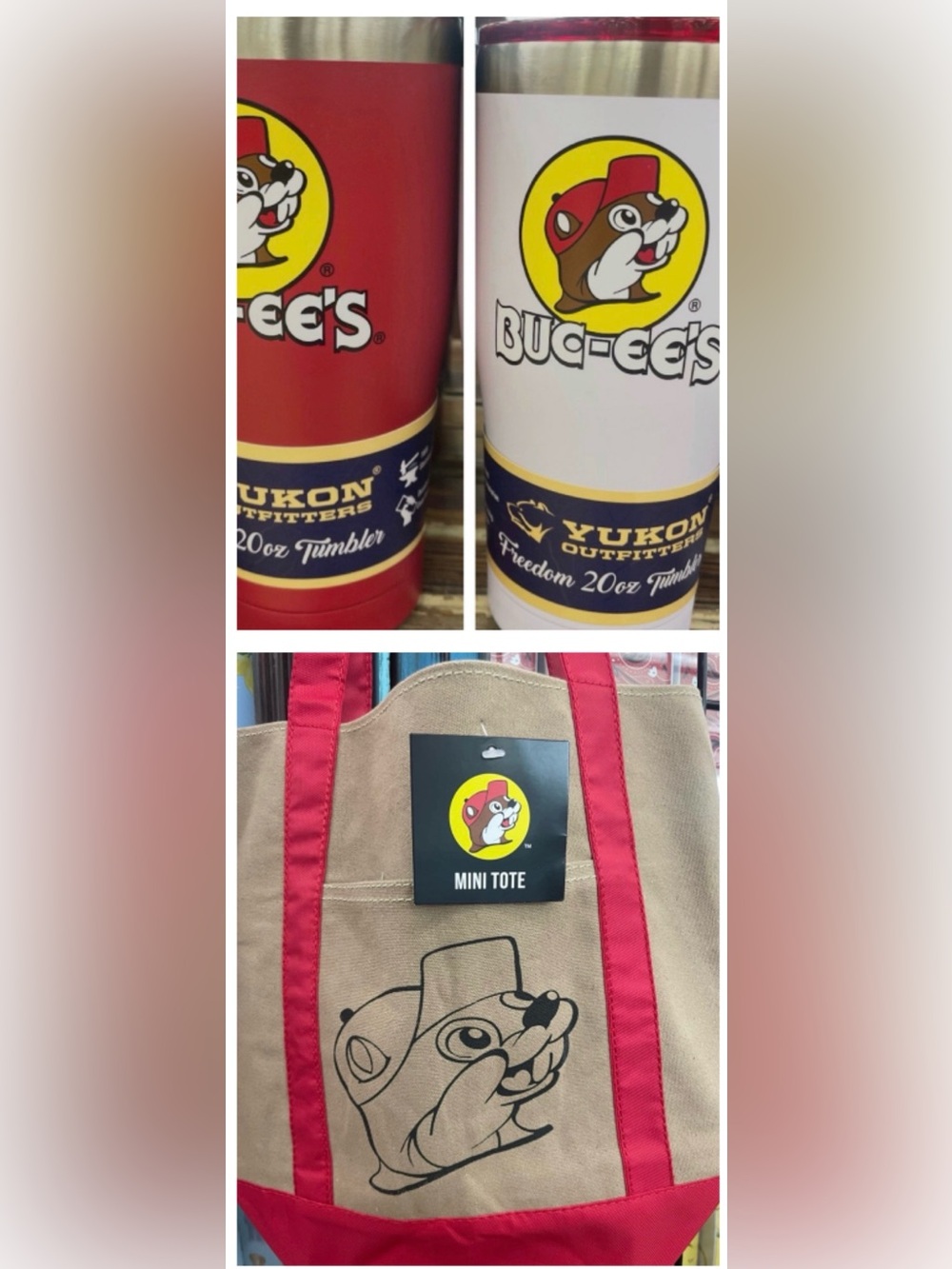 Two Buc-ee’s Stainless Tumblers — Red & White Logos & Matching Red Mini Tote